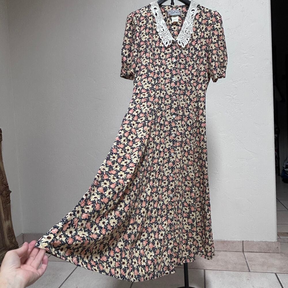 Vintage Floral Button Front Midi Dress Lace Collar Prairie Romantic Womens M